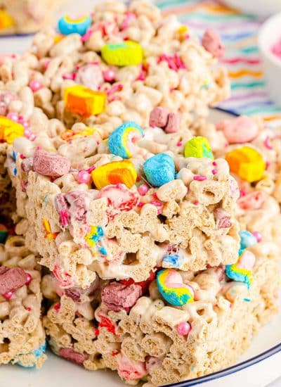 stack of lucky charms treats on a plate.