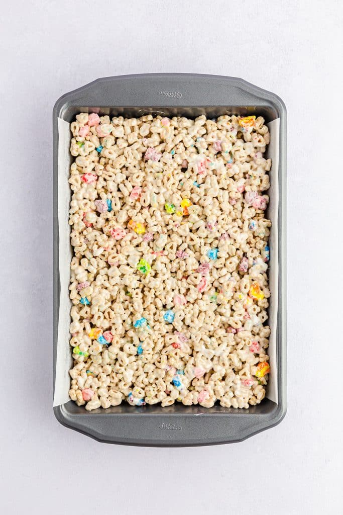 overhead shot of lucky charms treats in a baking dish.