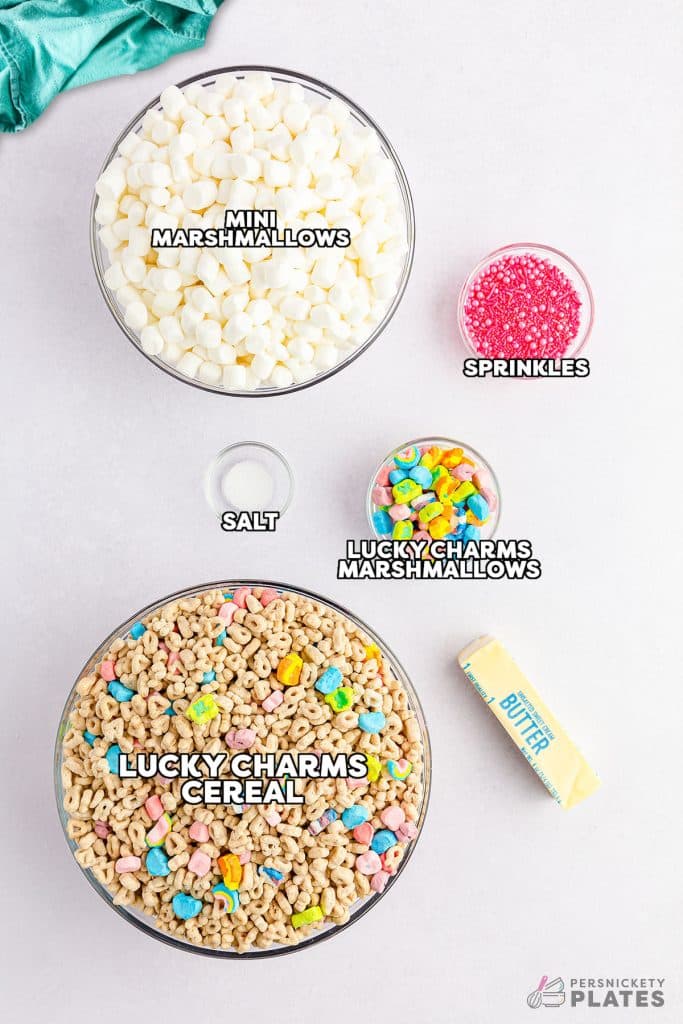 overhead shot of labeled ingredients laid out to make lucky charms treats.