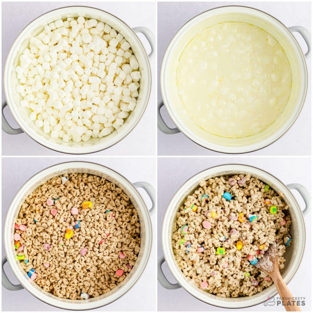 collage of 4 photos showing the process of melting marshmallows for lucky charms treats.