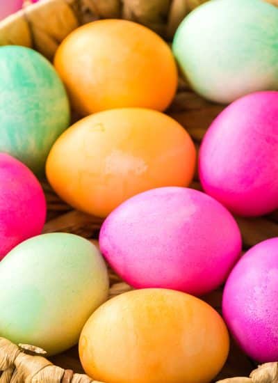 basket of colorful easter eggs.