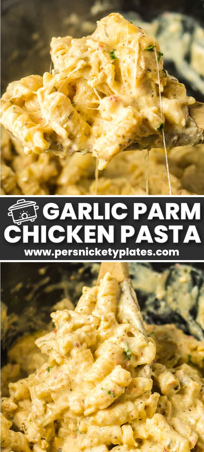 Slow cooker garlic parmesan chicken pasta is made with ready-made garlic parmesan sauce, fresh chicken breasts, cream cheese, parmesan cheese, and tender pasta noodles combined into a creamy, cheesy, garlicky comforting pasta dish. This crock pot meal is perfect for getting the whole family running to the dinner table! | www.persnicketyplates.com