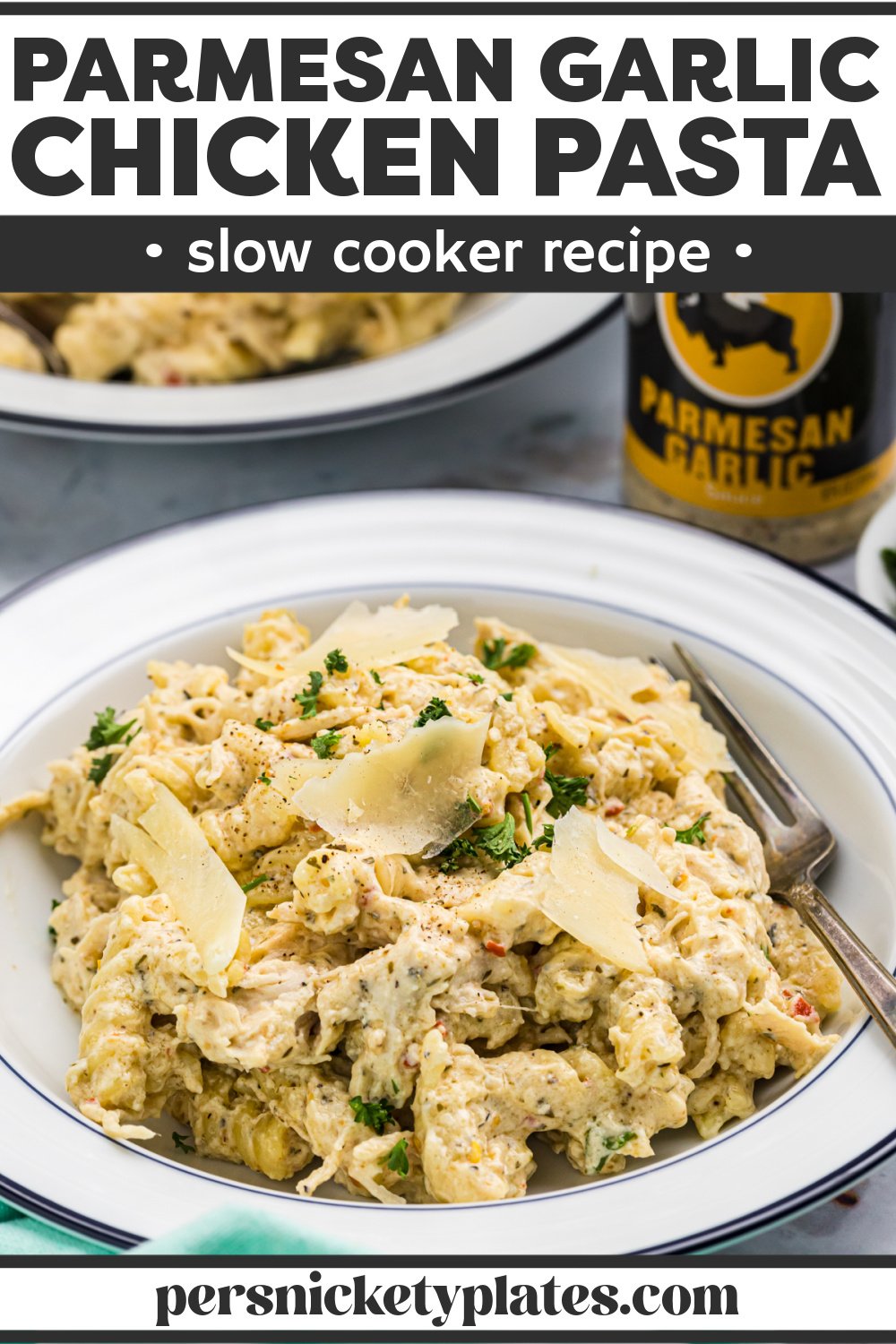 Slow cooker garlic parmesan chicken pasta is made with ready-made garlic parmesan sauce, fresh chicken breasts, cream cheese, parmesan cheese, and tender pasta noodles combined into a creamy, cheesy, garlicky comforting pasta dish. This crock pot meal is perfect for getting the whole family running to the dinner table! | www.persnicketyplates.com