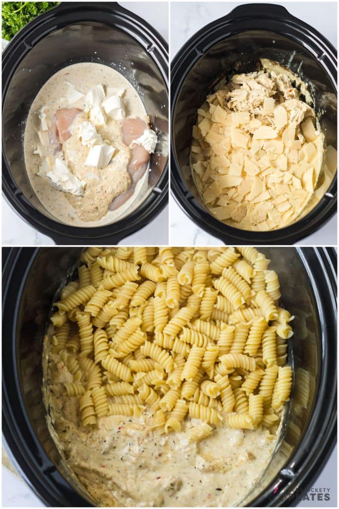 collage of 3 photos showing the process of making garlic parmesan pasta in a slow cooker.