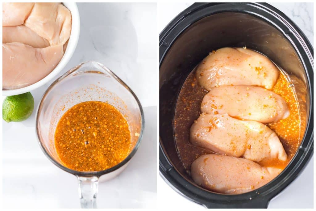 collage of 2 photos showing honey lime chicken going into a slow cooker.