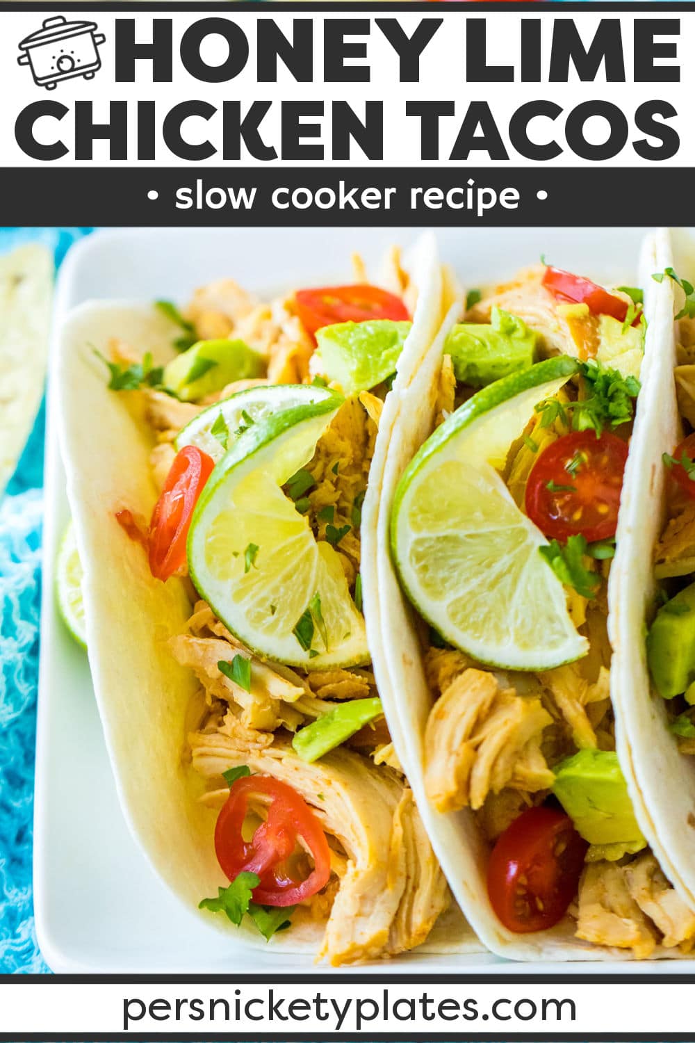 The meat in these slow cooker honey lime chicken tacos is tender, juicy, and full of flavor. With just 5 minutes of prep time, the crockpot does the heavy lifting, and because there are so few ingredients involved, you may already have what you need on hand! Top with your favorite toppings and enjoy a bright and zesty new taco recipe!  | www.persnicketyplates.com