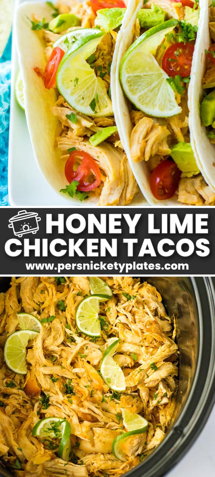 The meat in these slow cooker honey lime chicken tacos is tender, juicy, and full of flavor. With just 5 minutes of prep time, the crockpot does the heavy lifting, and because there are so few ingredients involved, you may already have what you need on hand! Top with your favorite toppings and enjoy a bright and zesty new taco recipe!  | www.persnicketyplates.com
