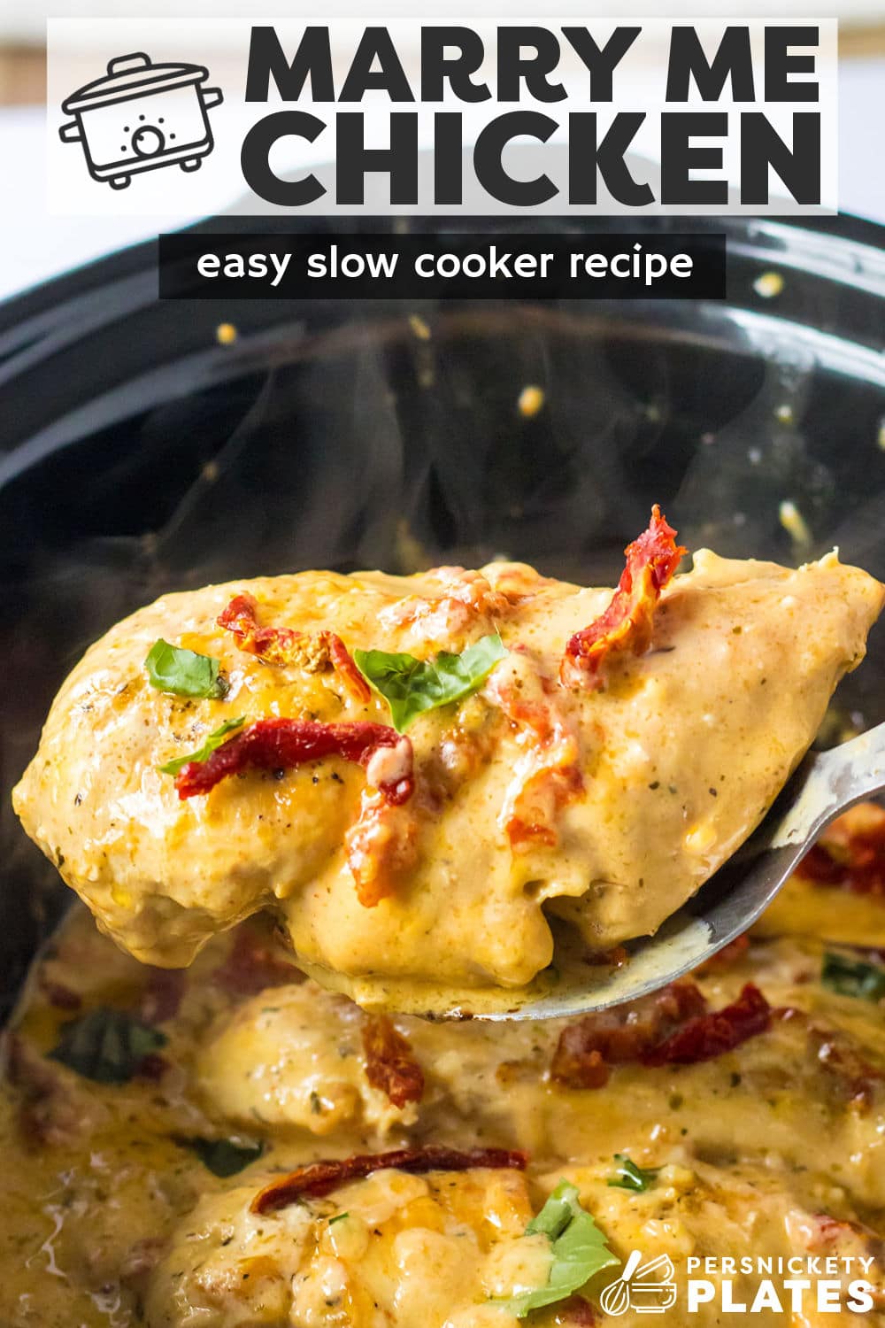 Slow cooker marry me chicken is an Italian-inspired recipe made with tender, juicy chicken slow-cooked in a seasoned, rich, buttery cream sauce with sundried tomatoes and basil. It’s fancy enough for a special occasion but easy enough to make throughout the week. Serve over pasta, rice, or mashed potatoes for a tasty meal everyone will devour! | www.persnicketyplates.com