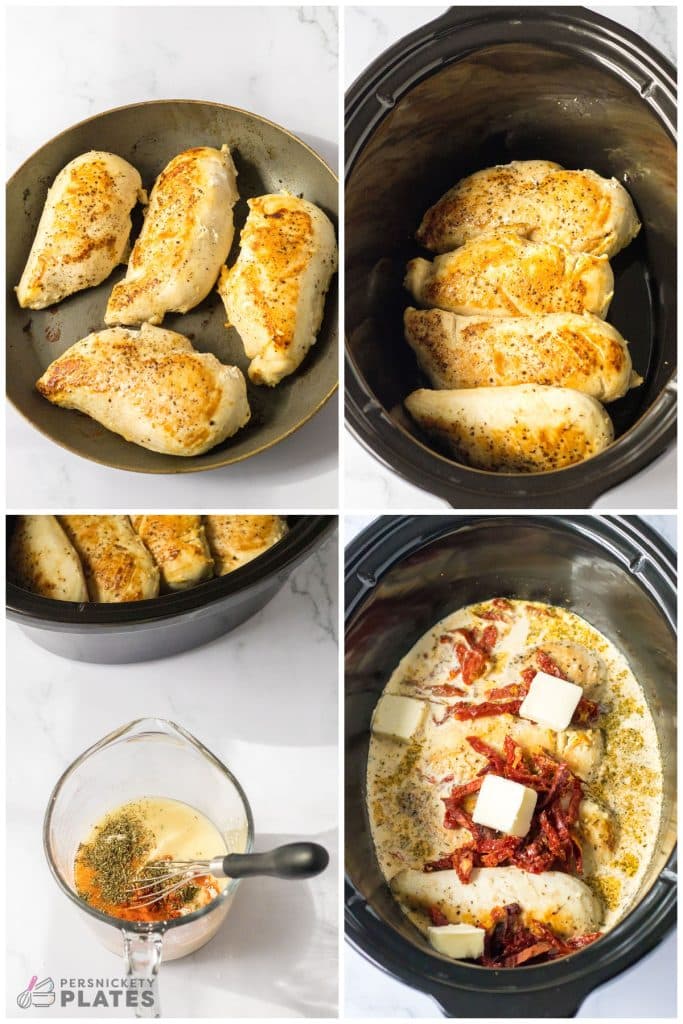 collage of 4 photos showing the process of making marry me chicken in the slow cooker.