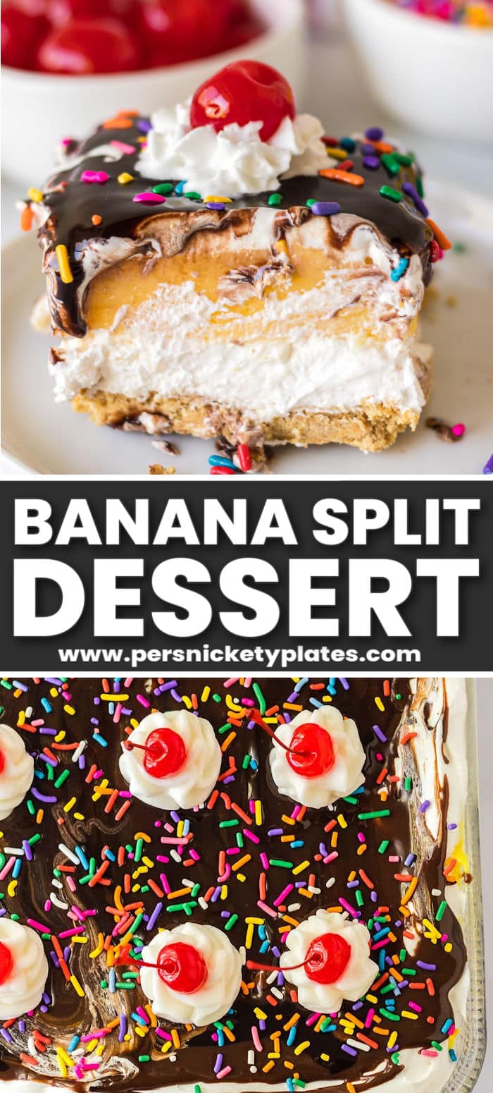 This banana split dessert, also known as a banana split lush, is a no-bake treat layered with the flavors of a classic banana split and served in slices. It's a simple yet impressive dessert that is as easy as it is tasty! | www.persnicketyplates.com