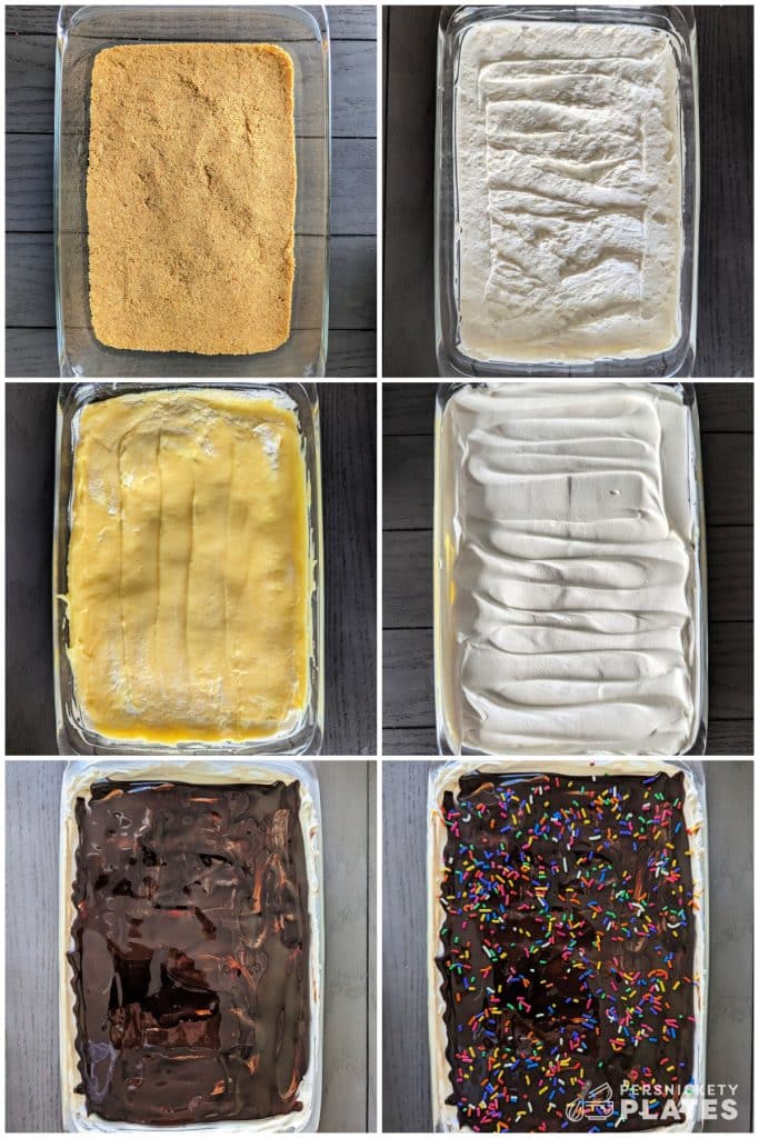 collage of 6 photos showing the process of making a layered banana split dessert.