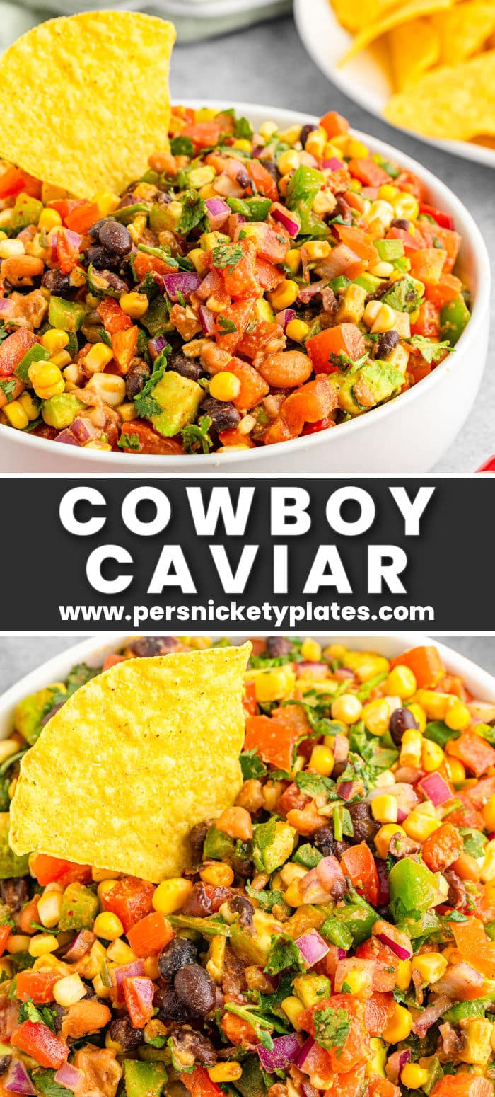 Cowboy caviar is a beautiful and flavorful chunky dip made with juicy tomatoes, crunchy bell peppers, beans, corn, avocado, and cilantro coated in a spicy citrus homemade dressing. It can also be used as a side salad, a condiment, or a topping, but we love it best with tortilla chips to scoop up a little of everything in every bite! | www.persnicketyplates.com
