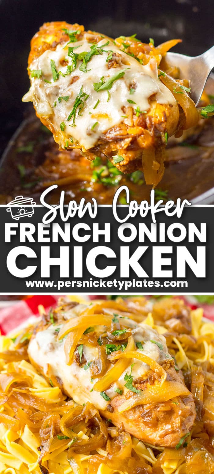 Crockpot French onion chicken is a complete meal that tastes just like your favorite French onion soup! Tender chicken breasts smothered in caramelized onions, melted Swiss cheese, crispy fried onions, slow cooked in French onion flavors, making a rich gravy. It's comfort food heaven, especially when served over egg noodles or mashed potatoes! | www.persnicketyplates.com