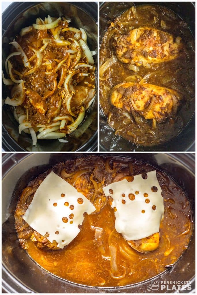collage of 3 photos showing the process of making french onion chicken in a crockpot.