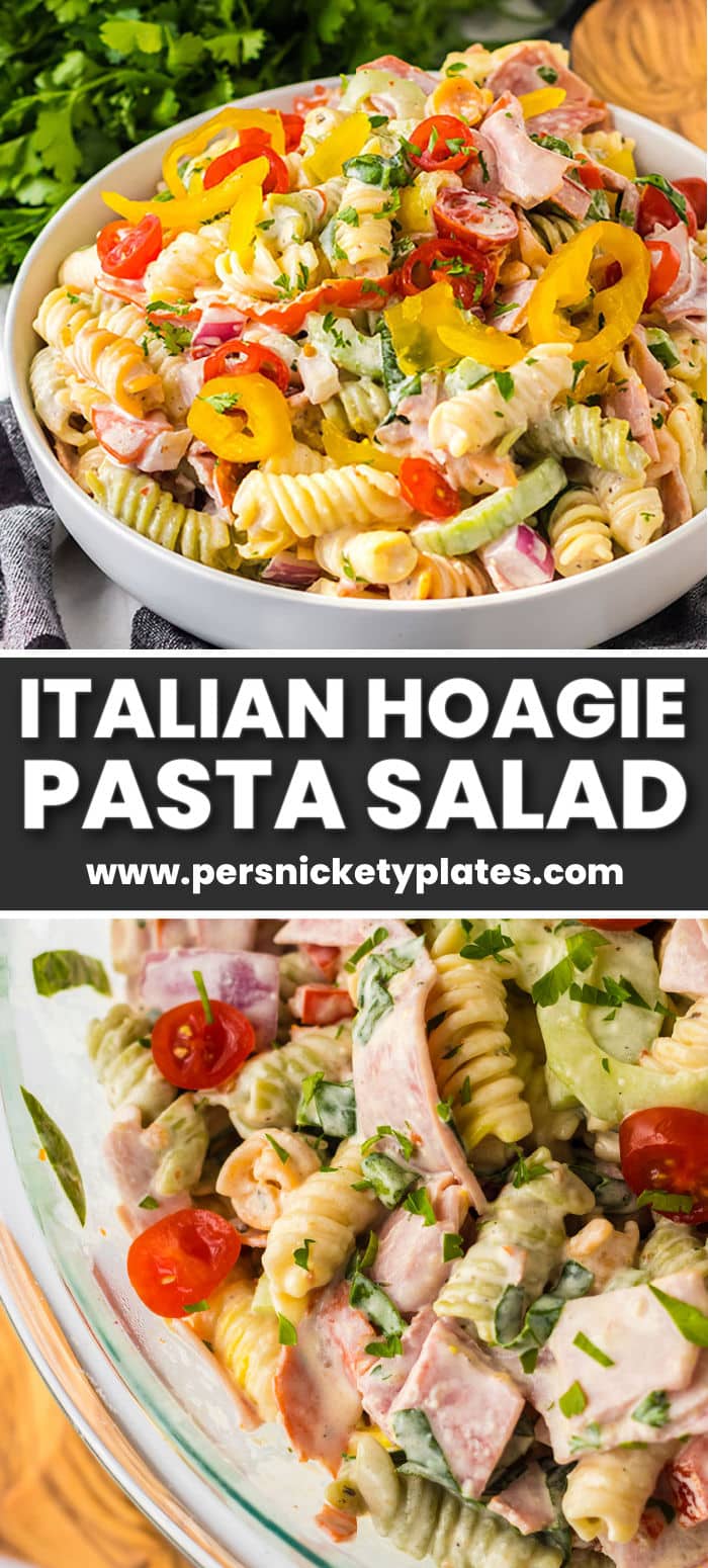 A hoagie salad, aka Italian sub pasta salad, has all the salty, briny, and zesty flavors of the popular Italian sub in one bowl. It's a satisfying combination of all our favorite hoagie fillings like Italian deli meats and cheeses, crunchy bell peppers, tomatoes, cucumbers, banana peppers, and spinach tossed in a creamy Italian dressing! | www.persnicketyplates.com