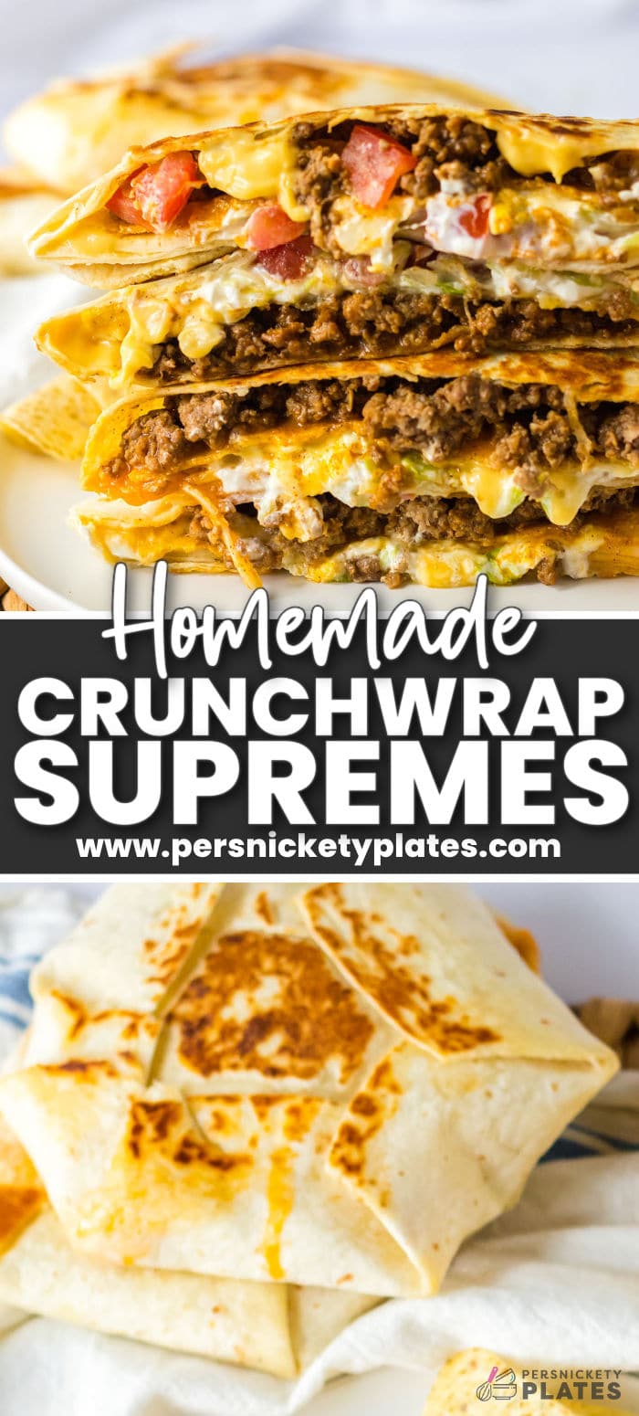 Learn how to make homemade crunchwrap supremes -- way better than anything you'd get at Taco Bell! This handheld, fully loaded wrap is filled with a layer of ground beef, a crispy crunchy tostada topped with melty nacho cheese, cool sour cream, lettuce, and tomato then pan-seared until golden brown and crispy on the outside. Beefy, cheesy, crispy, and crunchy in every bite! | www.persnicketyplates.com
