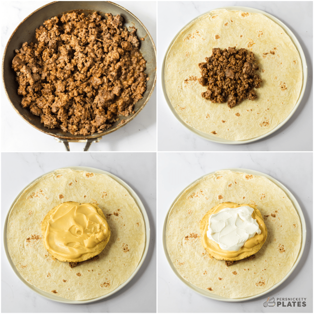 collage of 4 photos showing the assembly of a crunchwrap supreme.