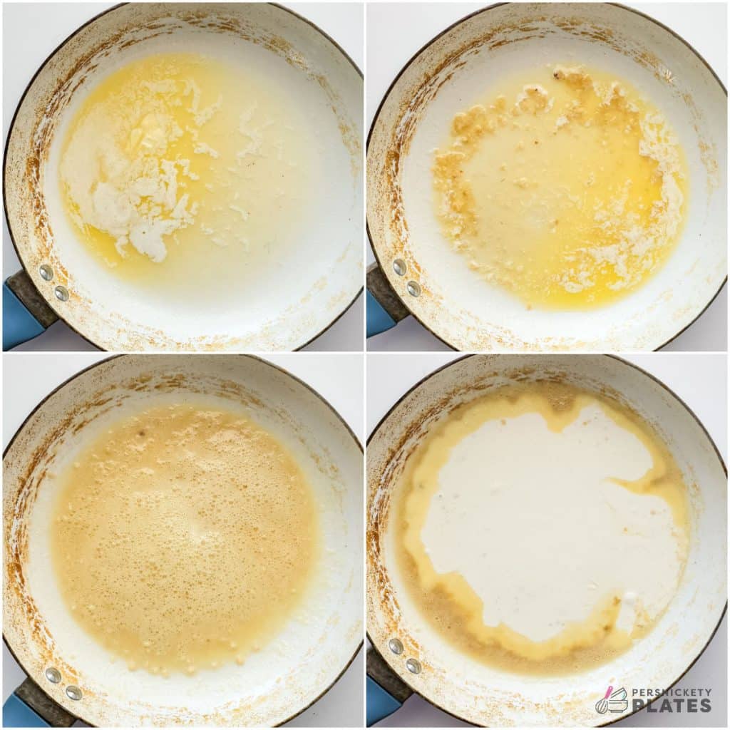 collage of 4 photos showing the process of making copycat olive garden alfredo in a skillet.