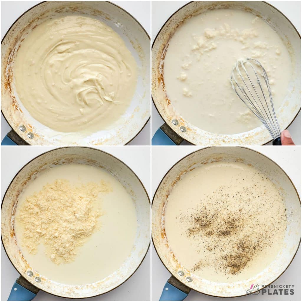 collage of 4 photos showing the process of making homemade alfredo.
