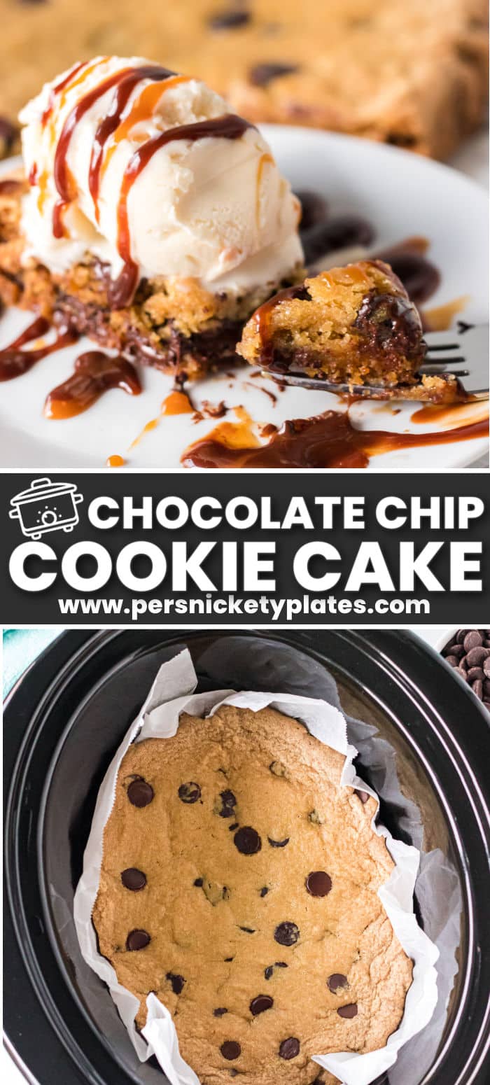 Slow cooker chocolate chip cookie cake is a one-bowl recipe cooked low and slow resulting in a perfectly chewy center with slightly crispy edges. | www.persnicketyplates.com