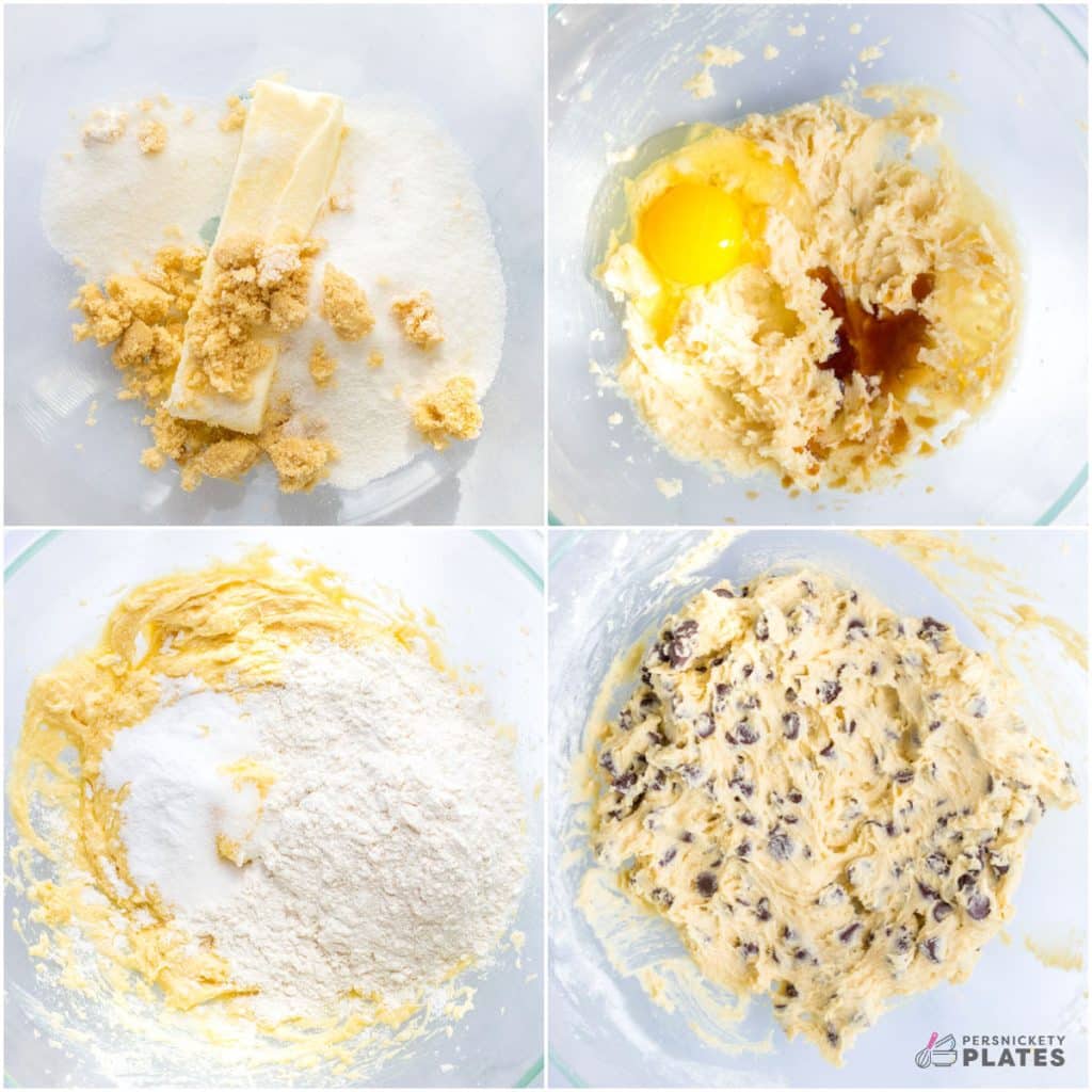 collage of 4 photos showing the process of making chocolate chip cookie dough.