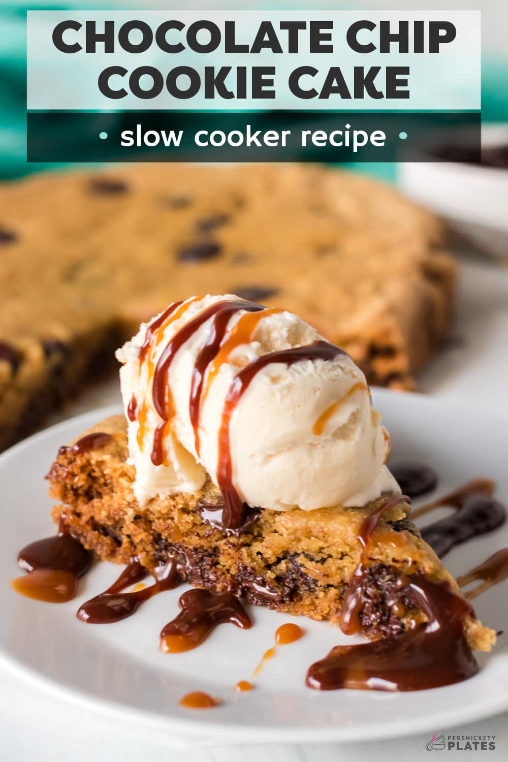 Slow cooker chocolate chip cookie cake is a one-bowl recipe cooked low and slow resulting in a perfectly chewy center with slightly crispy edges. | www.persnicketyplates.com