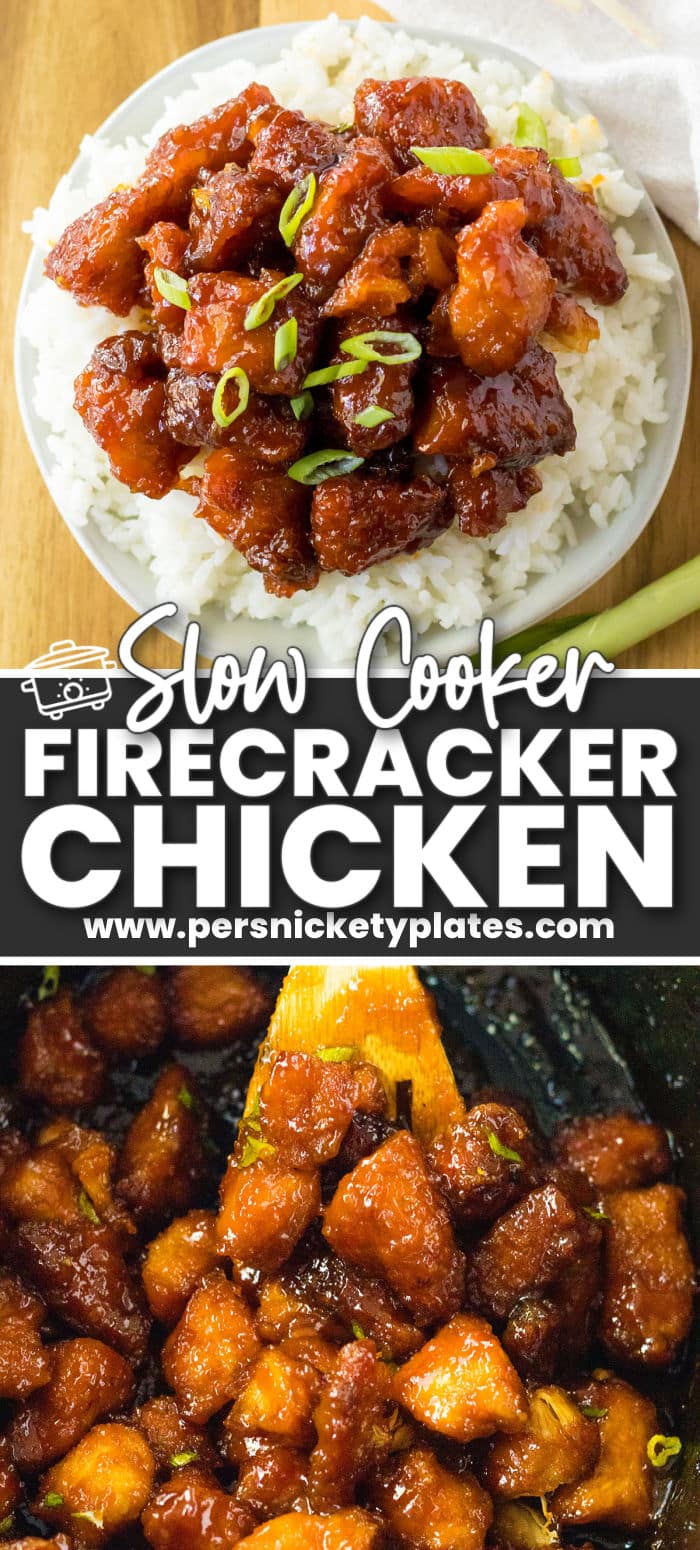 Slow cooker firecracker chicken is an Asian-inspired dish jam packed with flavor and so easy to make! Cubes of juicy chicken bites browned and then slow cooked in a sweet, spicy, and tangy sauce. This dish is made right in the crockpot so you can set it and forget it, allowing the flavors to meld together and the chicken to become perfectly juicy and tender. | www.persnicketyplates.com