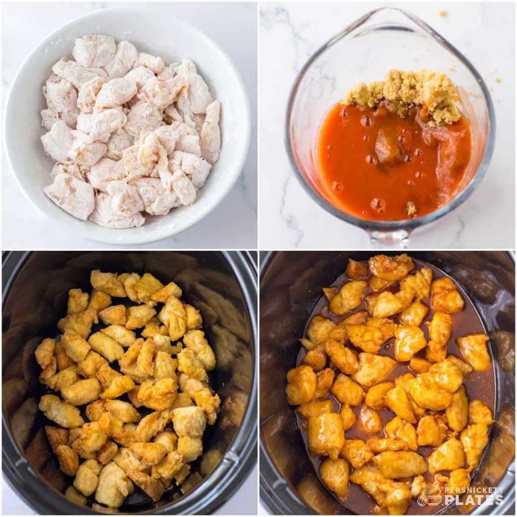 collage of 4 photos showing the process of prepping chicken for crockpot firecracker chicken.