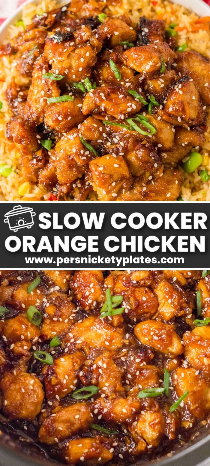 This slow cooker orange chicken is made with tender bites of chicken drenched in a sweet and savory glaze. It's so easy to make with just a quick browning of the meat then everything gets dumped in the crockpot. Make this copycat recipe and serve it with rice and a side of steamed broccoli the next time you're craving your favorite takeout! | www.persnicketyplates.com