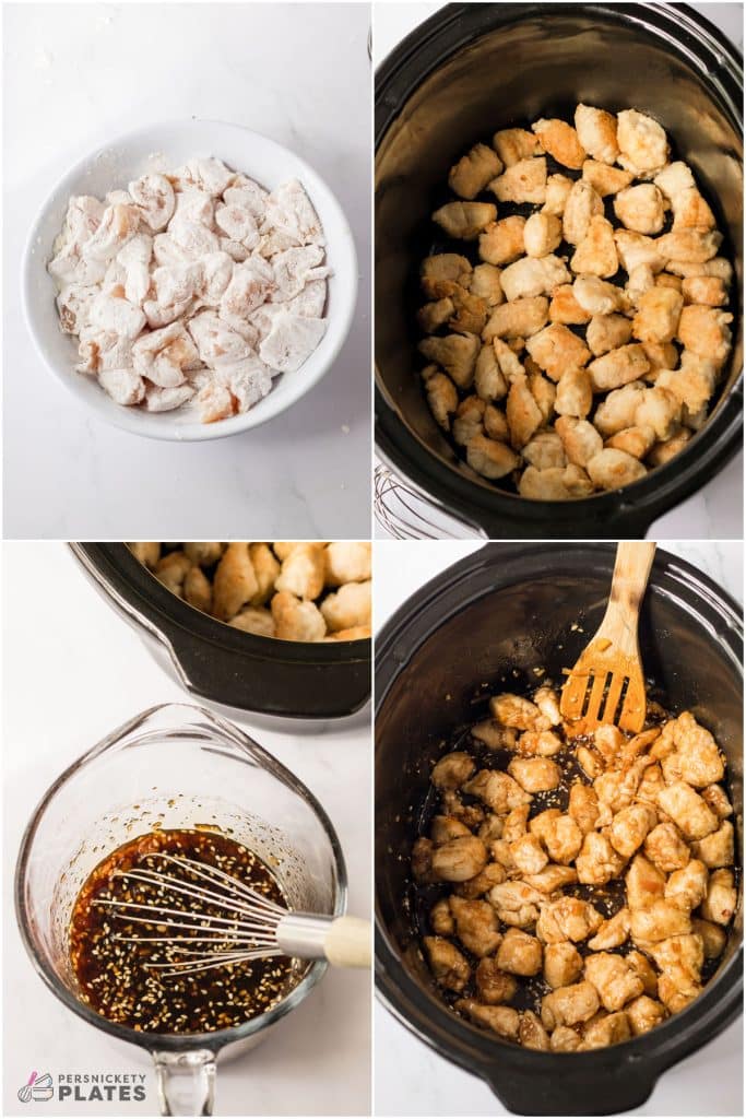 collage of 4 photos showing the process of making orange chicken in a slow cooker.