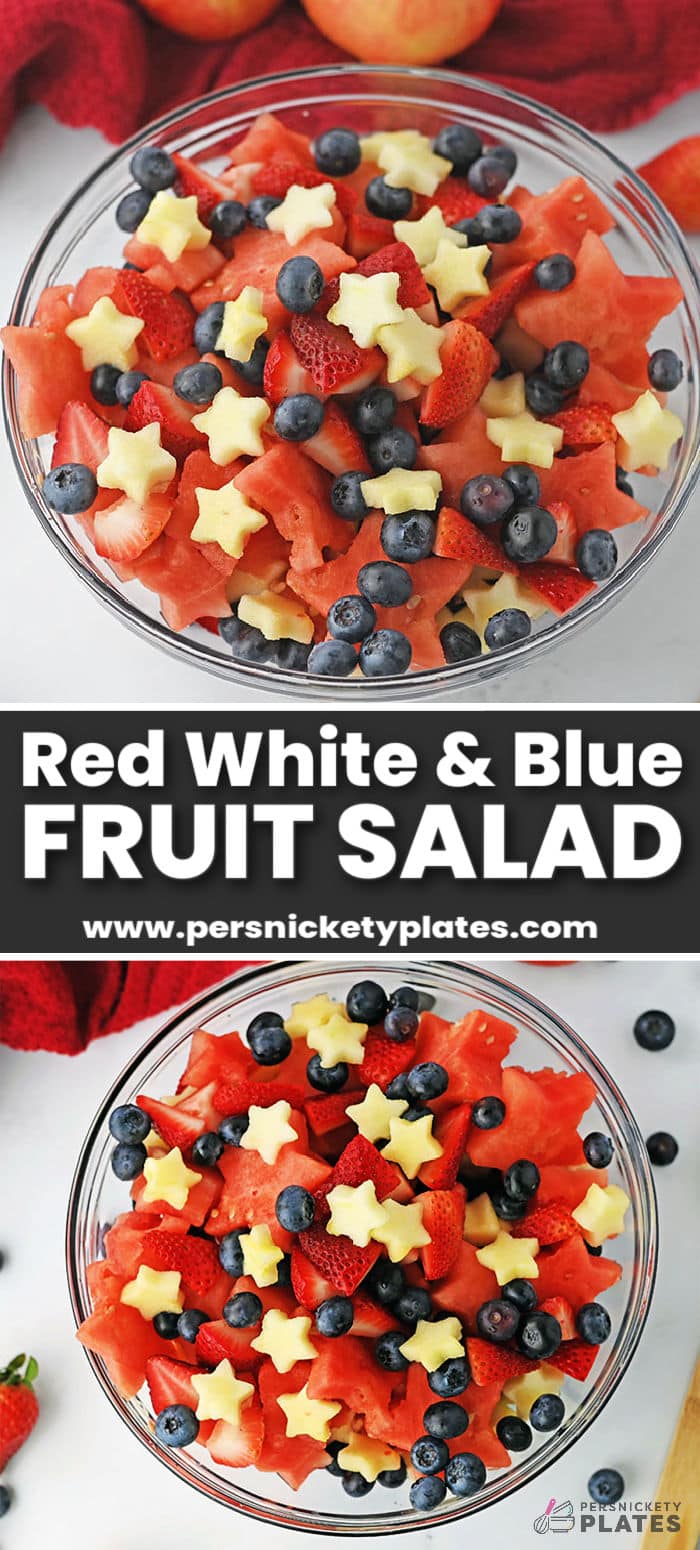 This 4th of July fruit salad is a beautiful, refreshing, and delicious summertime salad perfect for a fun family picnic, Memorial Day, or Fourth of July celebration. Served cold on a hot summer day, this red white and blue fruit salad is full of sweet, juicy, fresh fruit that your whole family will love! | www.persnicketyplates.com