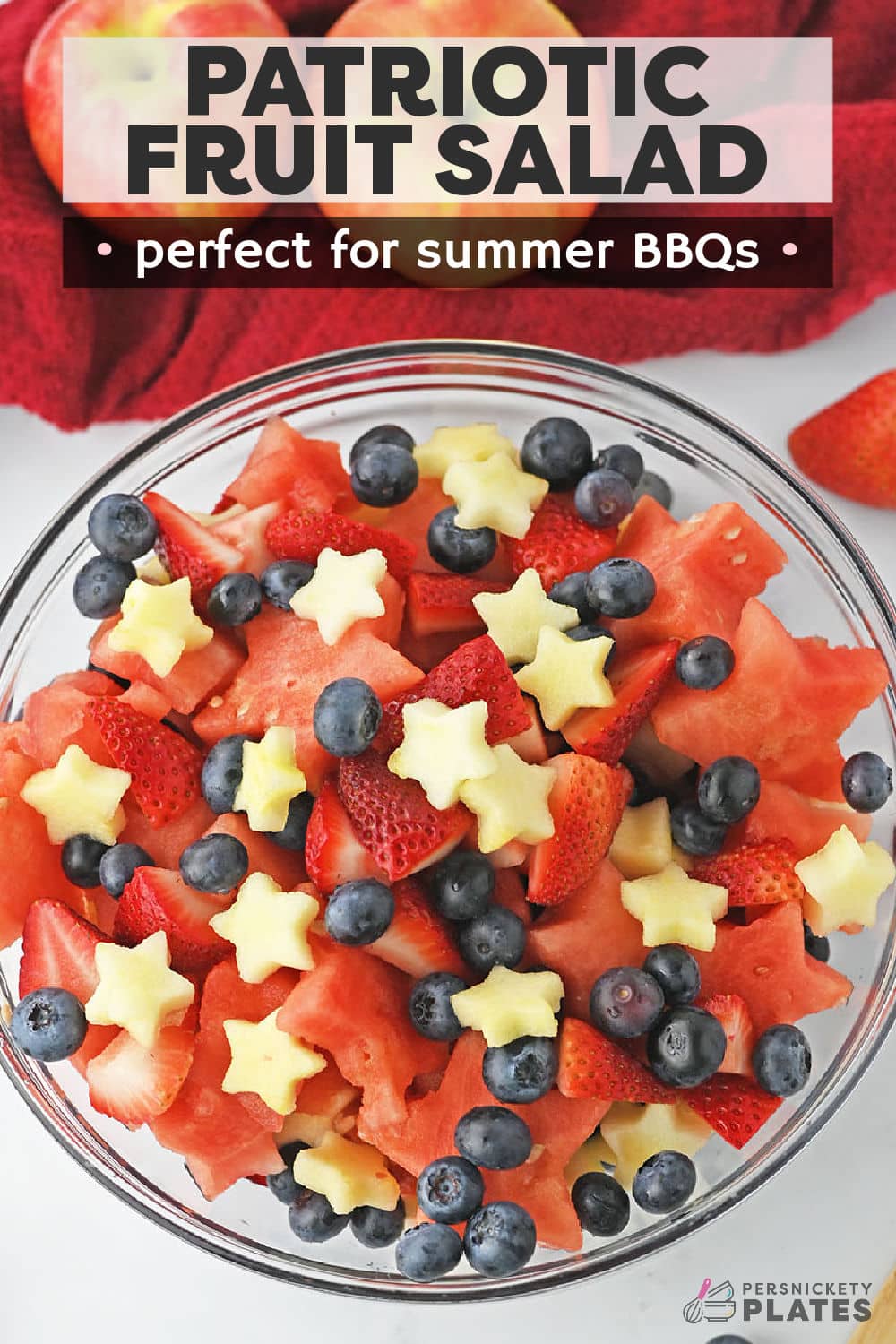 This 4th of July fruit salad is a beautiful, refreshing, and delicious summertime salad perfect for a fun family picnic, Memorial Day, or Fourth of July celebration. Served cold on a hot summer day, this red white and blue fruit salad is full of sweet, juicy, fresh fruit that your whole family will love! | www.persnicketyplates.com
