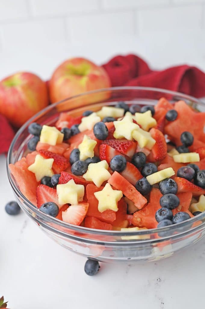 side view of a bowl of 4th of july fruit salad.