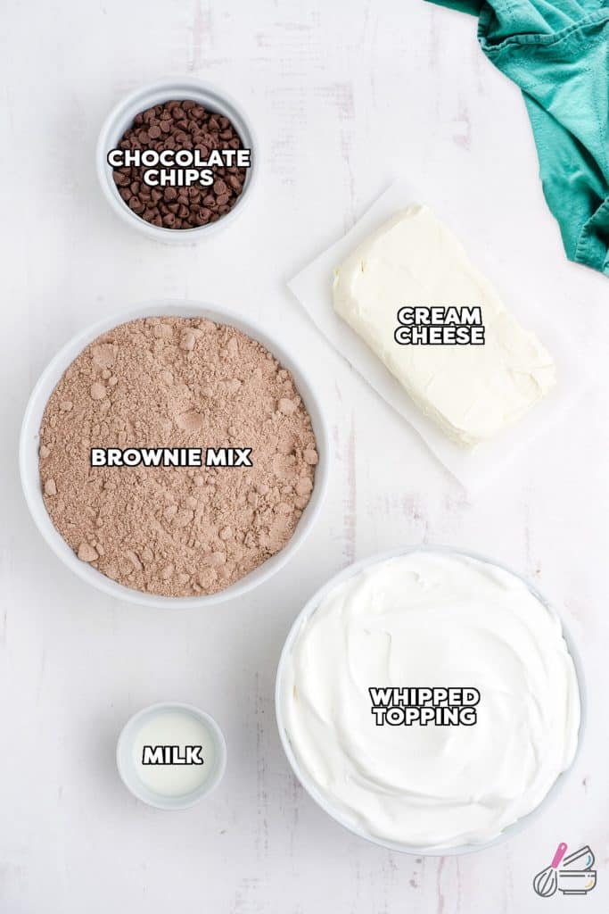 overhead shot of labeled ingredients laid out to make brownie batter dip.