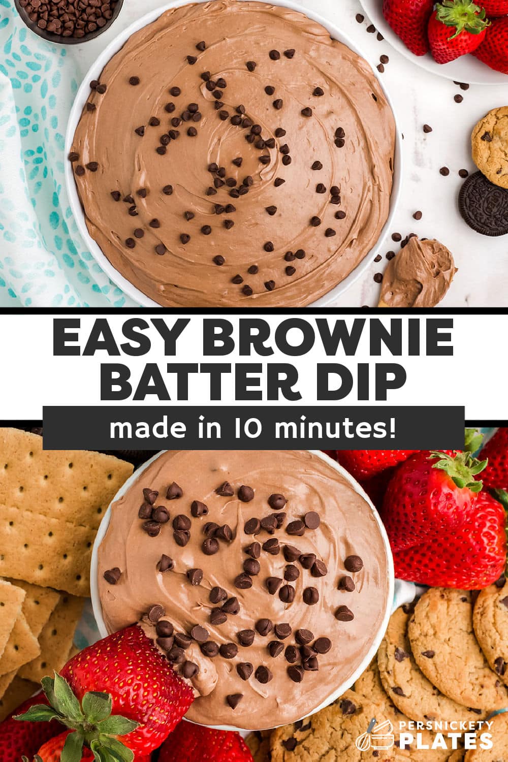 Easy brownie batter dip is the perfect dessert dip for your next family movie night or when you need a quick and easy chocolate craving fix! This no-bake dip is made in 10 minutes without any raw eggs and is creamy, luscious, and perfectly safe to eat. Serve with fresh fruit, cookies, pretzels, and any of your favorite dippers! | www.persnicketyplates.com