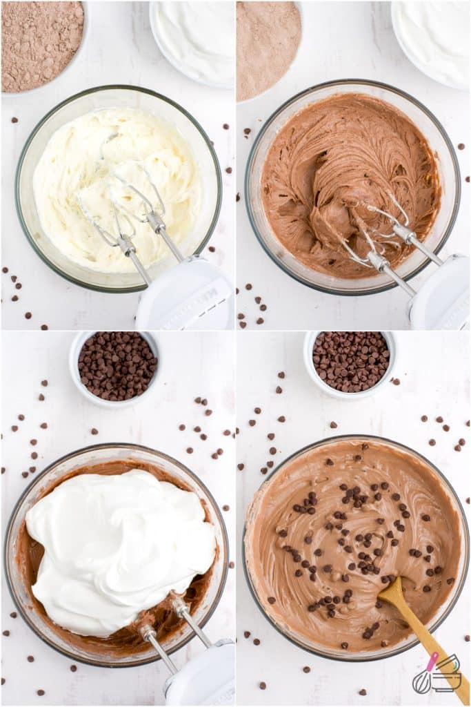 collage of 4 photos showing the process of making brownie batter dip.