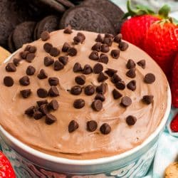 bowl of brownie batter dip topped with chocolate chips.