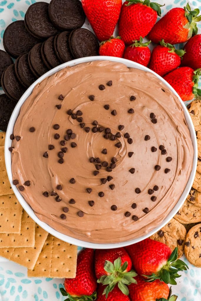 overhead shot of brownie batter dip topped with chocolate chips.
