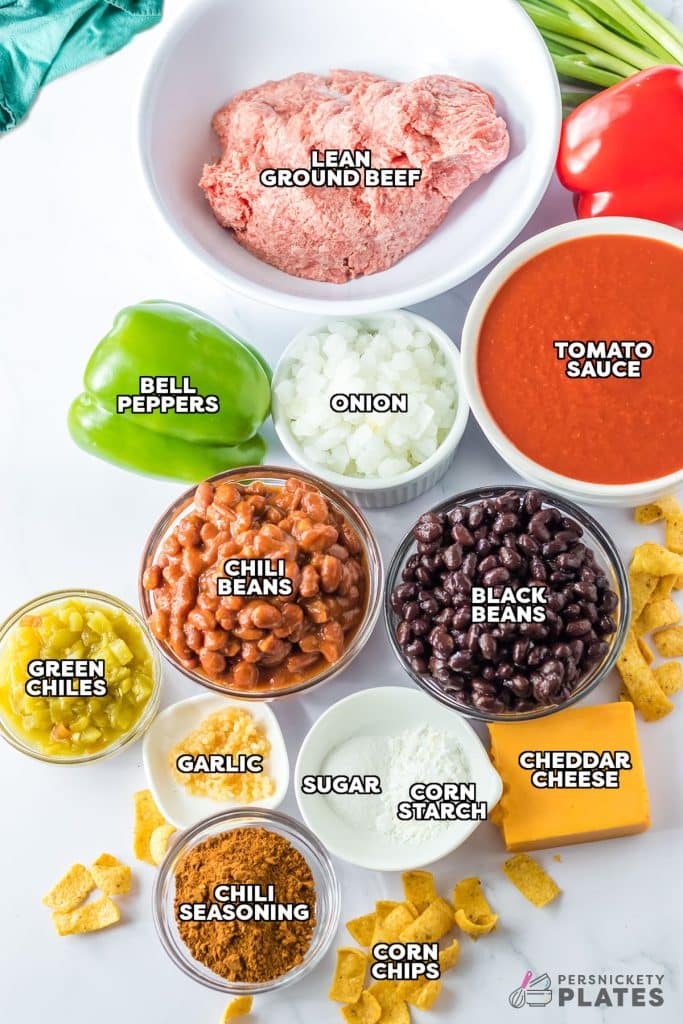 overhead shot of labeled ingredients laid out to make frito chili.