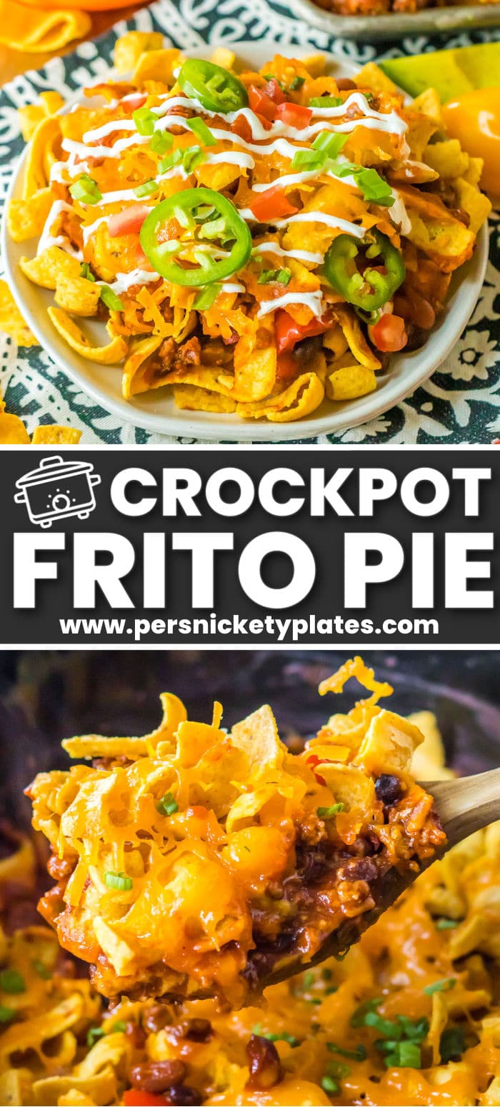 Easy Crock Pot Frito Chili Pie is soul-warming comfort food that is made with slow-cooked beefy chili, crunchy Fritos corn chips, and melted cheese served over more crunchy Fritos. This hearty recipe is so easy to make using simple ingredients, serves a dinner crowd, and is a fan favorite no matter the occasion! | www.persnicketyplates.com