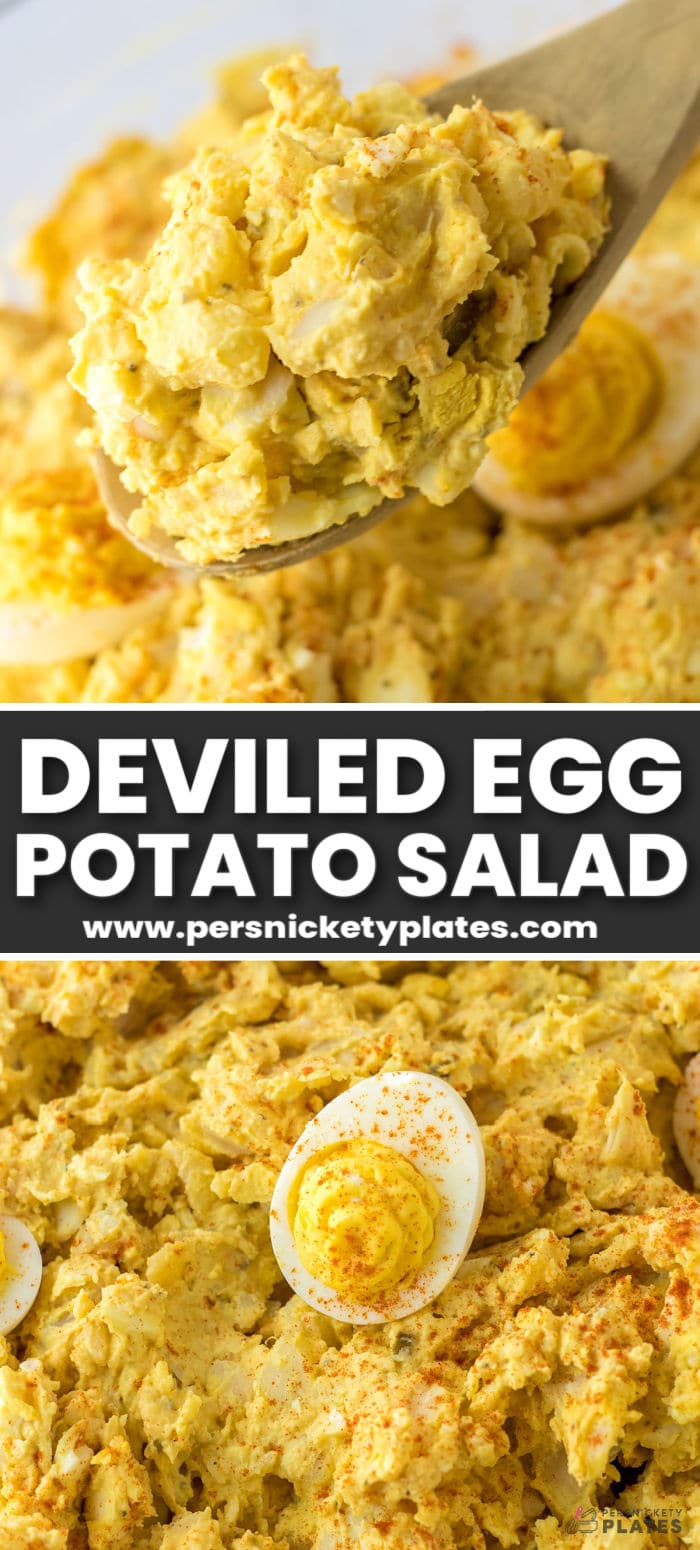 Learn how to make the perfect devilled egg potato salad recipe by combining sweet and spicy deviled eggs with a creamy potato salad, two classic recipes we all expect to see at a potluck or backyard cookout. It's an easy, inexpensive way to serve a crowd, and it's so good that everyone will be hoping there's enough left to take some home! | www.persnicketyplates.com