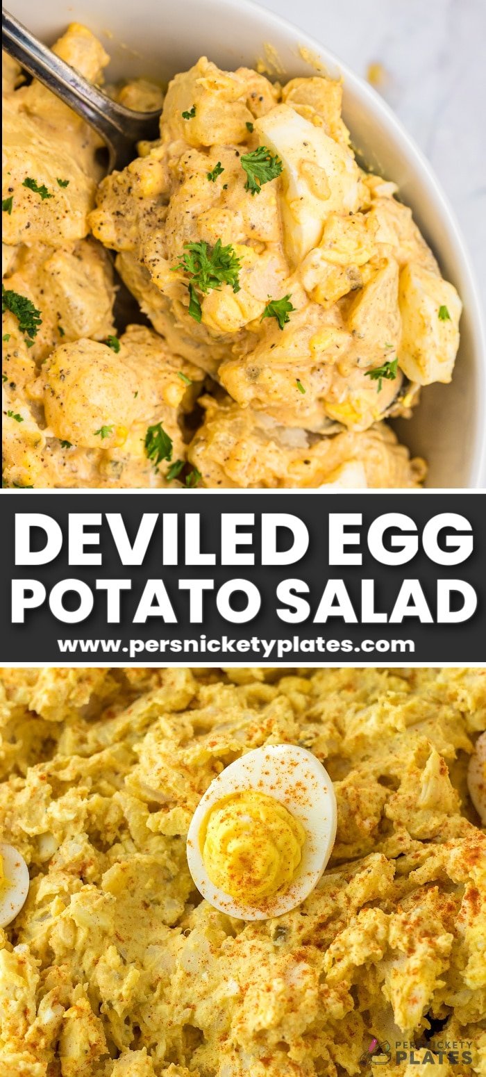 Learn how to make the perfect devilled egg potato salad recipe by combining sweet and spicy deviled eggs with a creamy potato salad, two classic recipes we all expect to see at a potluck or backyard cookout. It's an easy, inexpensive way to serve a crowd, and it's so good that everyone will be hoping there's enough left to take some home! | www.persnicketyplates.com