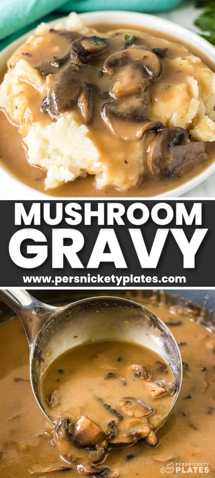This is the easiest and tastiest gravy you’ll ever make! Easy mushroom gravy complements both meat and vegetables and is so simple to make. | www.persnicketyplates.com
