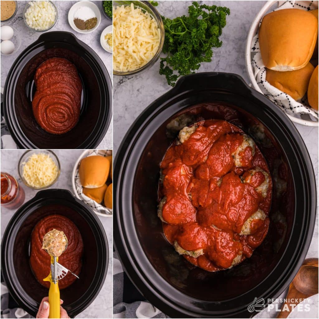 collage of 3 photos showing the process of making meatballs in a crockpot.