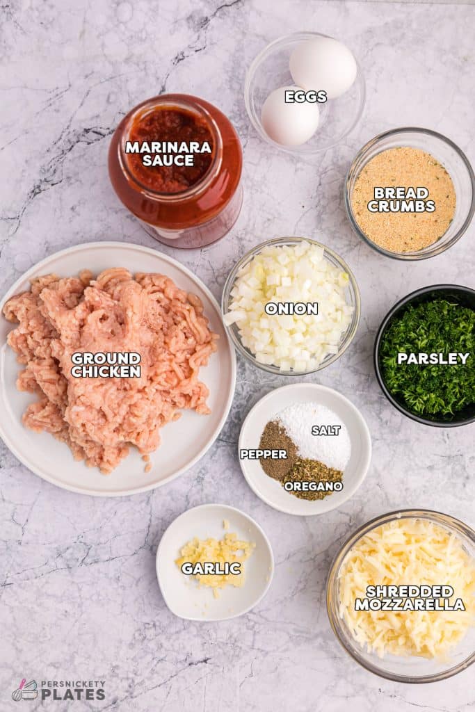 overhead shot of labeled ingredients laid out to make meatballs.
