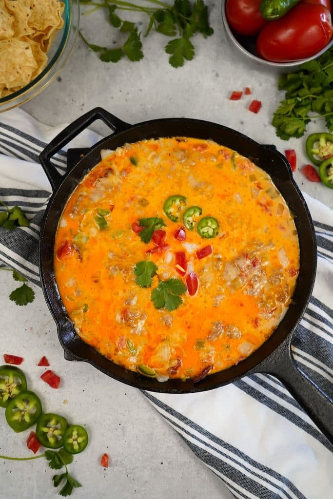 overhead shot of a skillet of smoke queso.