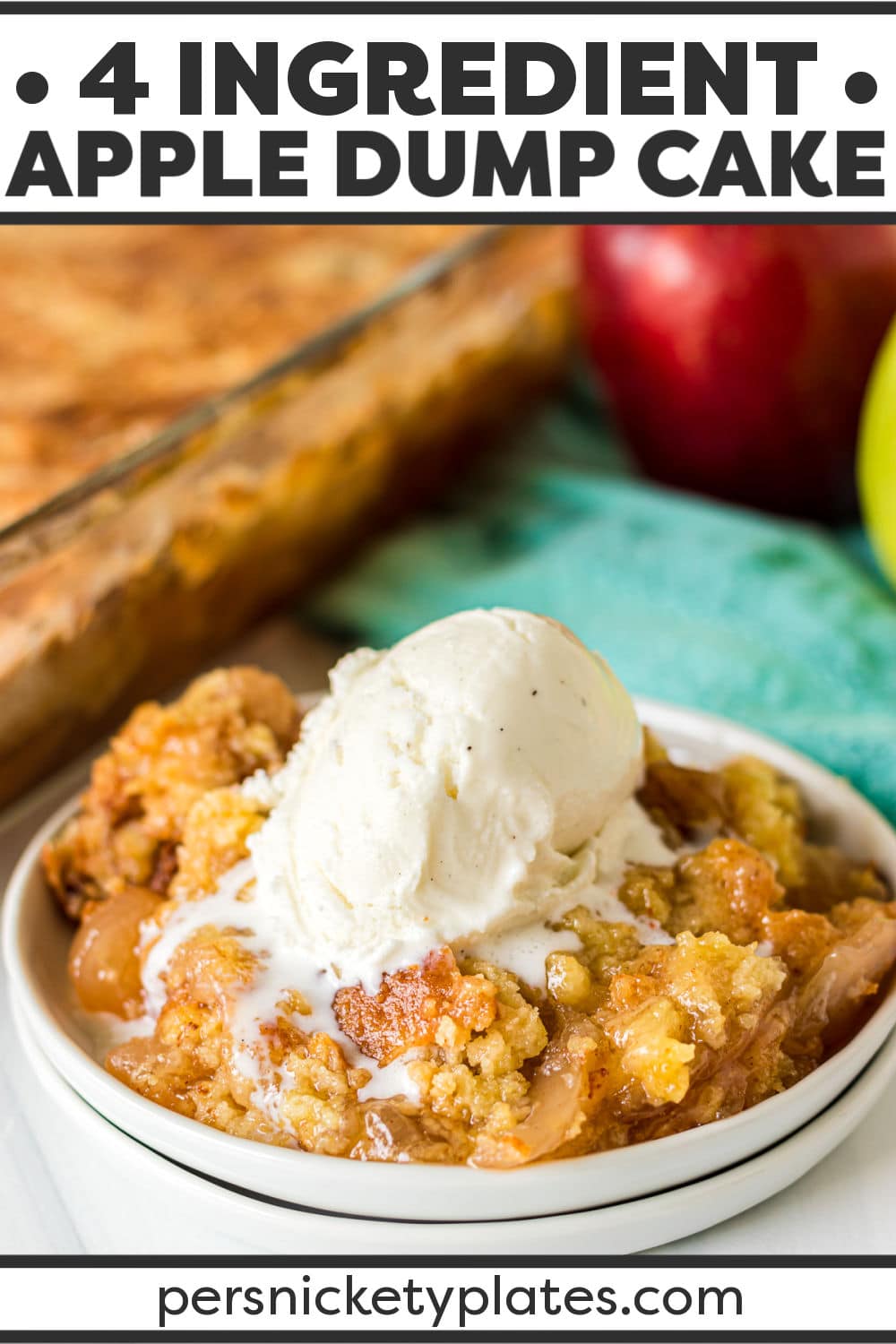 This easy 4 ingredient apple pie dump cake is made with a boxed cake mix, apple pie filling, butter, and cinnamon. It's a deconstructed (some might say lazy) version of a classic apple pie, including all of the traditional apple cinnamon flavors, but without the work of having to prepare a pie crust! | www.persnicketyplates.com