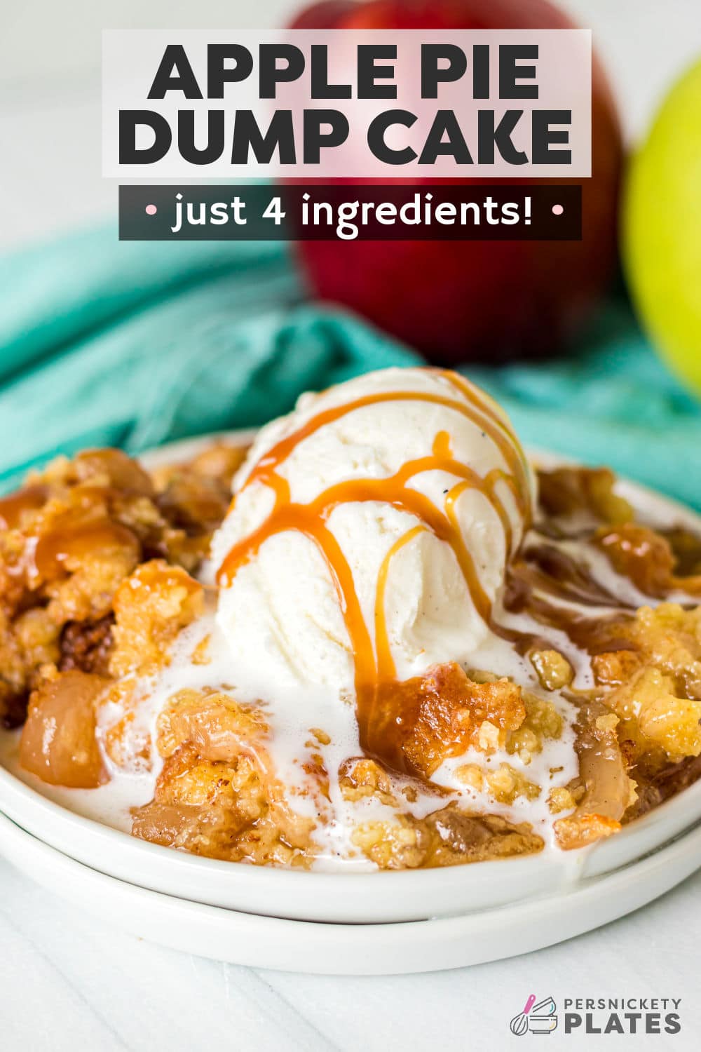 This easy 4 ingredient apple pie dump cake is made with a boxed cake mix, apple pie filling, butter, and cinnamon. It's a deconstructed (some might say lazy) version of a classic apple pie, including all of the traditional apple cinnamon flavors, but without the work of having to prepare a pie crust! | www.persnicketyplates.com