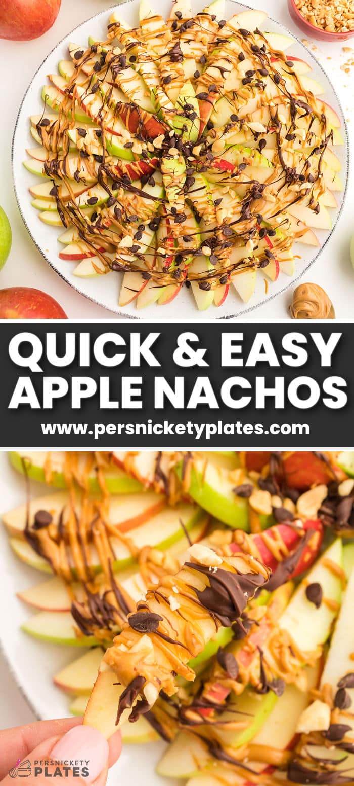 Whip up a platter of super easy apple nachos the next time you need a healthy snack or a no-bake dessert. Crispy apple slices drizzled with warm peanut butter and melted chocolate topped with chocolate chips and crushed nuts are meant to be shared, but you're not going to want to! | www.persnicketyplates.com