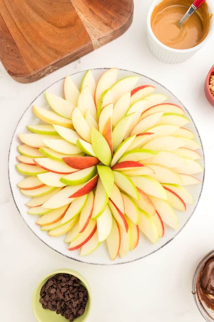 overhead shot of apple slices on a platter.